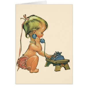 Vintage Child Cute Blonde Girl Talking on Toy Phon