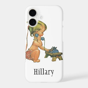 Vintage Child Cute Blonde Girl Talking on Toy Phon