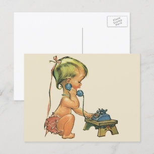 Vintage Child Cute Blonde Girl Talking on Toy Phon Postcard
