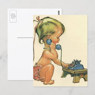 Vintage Child Cute Blonde Girl Talking on Toy Phon Postcard