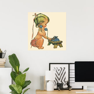 Vintage Child Cute Blonde Girl Talking on Toy Phon Poster