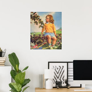 Vintage Child, Girl Watching Birds in Tree, Spring Poster