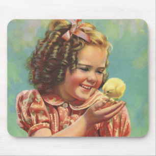 Vintage Child, Happy Smile, Girl with Baby Chick Mouse Pad