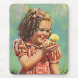 Vintage Child, Happy Smile, Girl with Baby Chick Mouse Pad