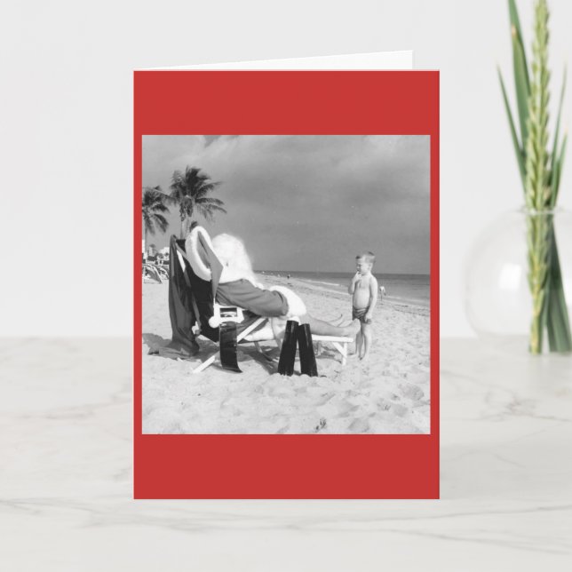 Vintage Child Looking at Santa on Beach Card (Front)