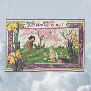 Vintage Child on an Easter Egg Hunt with Animals Tea Towel