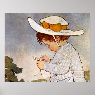 Vintage child picking daisy flowers poster