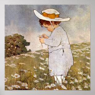 Vintage child picking daisy flowers poster