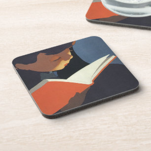 Vintage Child Reading a Book From the Library Coaster