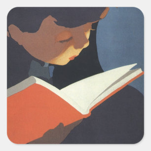 Vintage Child Reading a Book From the Library Square Sticker