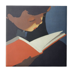 Vintage Child Reading a Book From the Library Tile