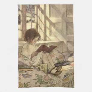 Vintage Child Reading a Book, Jessie Willcox Smith Tea Towel