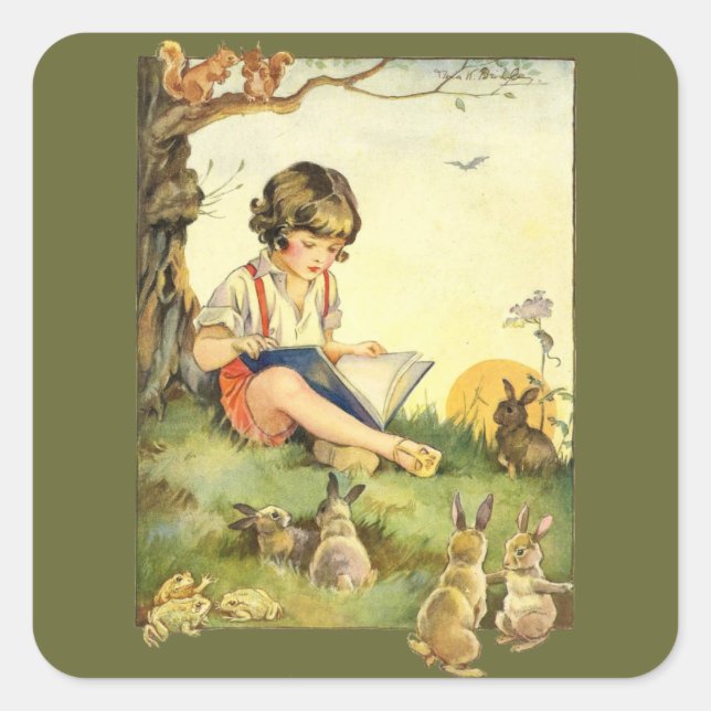 Vintage Child Reading to Woodland Rabbits  Square Sticker (Front)