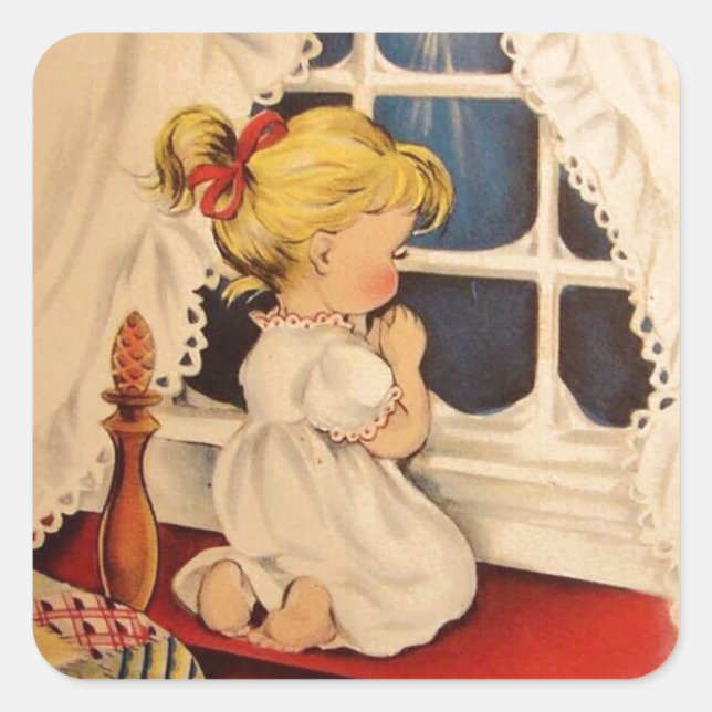 Vintage Child Saying Prayers Square Sticker (Front)