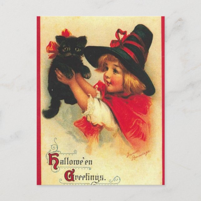 Vintage Child Witch And Black Cat Postcard (Front)