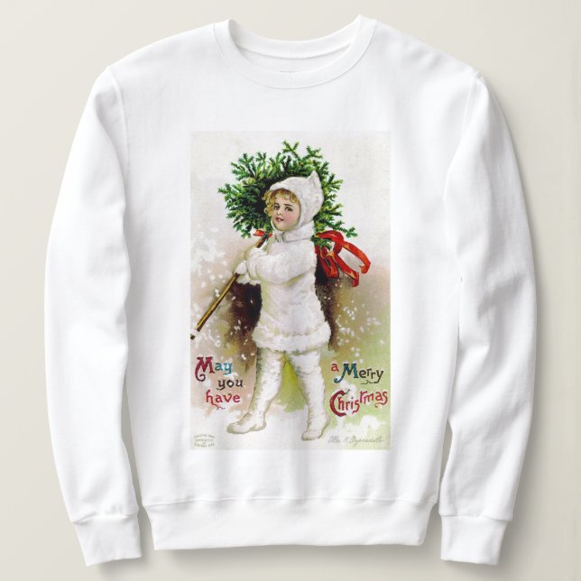 Vintage Child With Christmas Tree Holiday Sweatshirt (Design Front)