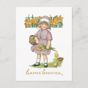 Vintage Child with Daffodils and Easter Greeting Postcard