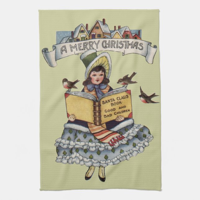 Vintage Child with Santa Claus Book Tea Towel (Vertical)