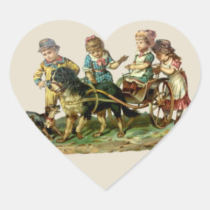 Vintage Children and Dog Wagon Heart Sticker
