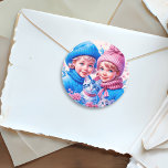 Vintage Children and Kittens Christmas Classic Round Sticker<br><div class="desc">Pretty watercolor Christmas holiday stickers. Two cute vintage kids,  a boy and girl,  brother and sister holding kittens in blue and pink winter hats.</div>