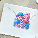 Vintage Children and Kittens Christmas Square Sticker<br><div class="desc">Pretty watercolor Christmas holiday stickers. Two cute vintage kids,  a boy and girl,  brother and sister holding kittens in blue and pink winter hats.</div>