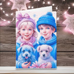 Vintage Children and Puppies Christmas Card<br><div class="desc">Pretty watercolor Christmas holiday card. Two cute vintage kids,  a boy and girl,  brother and sister holding puppies in blue and pink winter hats.</div>