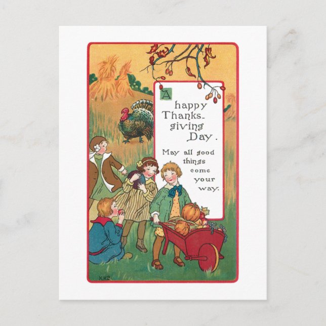 Vintage Children and Thanksgiving Greeting Holiday Postcard (Front)