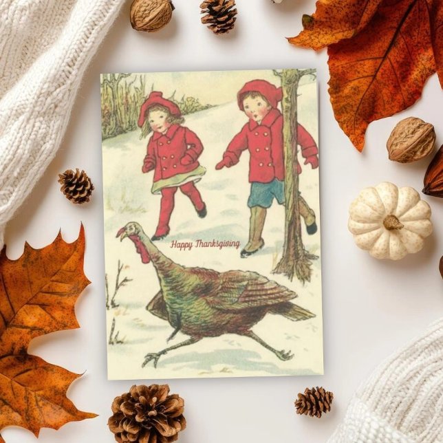 Vintage Children and Turkey Happy Thanksgiving   Holiday Card (Creator Uploaded)