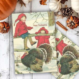 Vintage Children and Turkey Happy Thanksgiving   Holiday Card