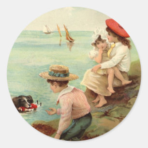 Vintage - Children at the beach Classic Round Sticker