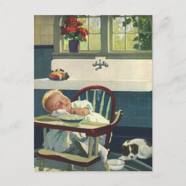 Vintage Children, Baby Sleeping Highchair Kitchen Postcard (Front)