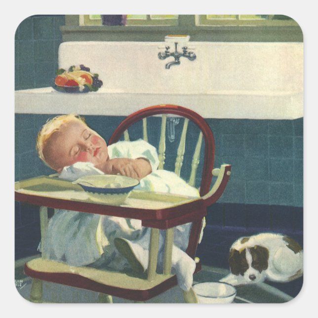 Vintage Children, Baby Sleeping Highchair Kitchen Square Sticker (Front)
