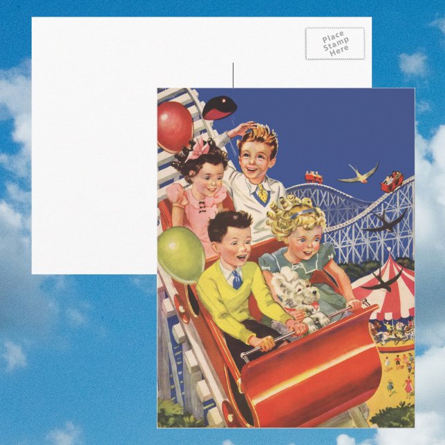 Vintage Children Balloons Dog Roller Coaster Ride Postcard (Creator Uploaded)