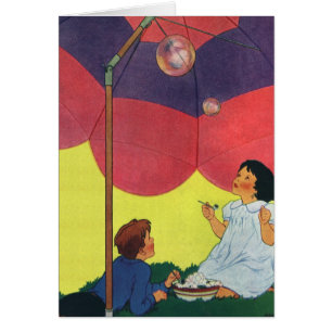 Vintage Children Blowing Bubbles Under an Umbrella