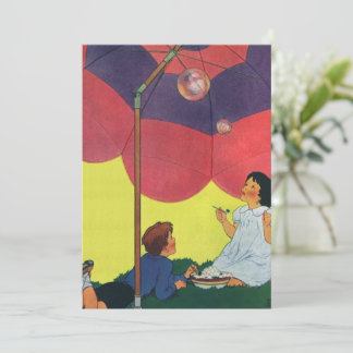 Vintage Children Blowing Bubbles Under an Umbrella