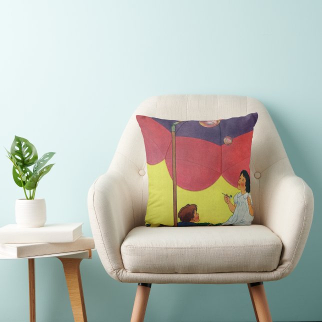 Vintage Children Blowing Bubbles Under an Umbrella Cushion (Chair)