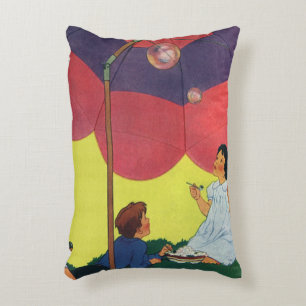 Vintage Children Blowing Bubbles Under an Umbrella Decorative Cushion