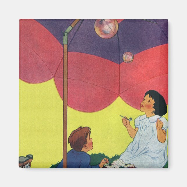 Vintage Children Blowing Bubbles Under an Umbrella Magnet (Front)