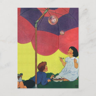 Vintage Children Blowing Bubbles Under an Umbrella Postcard