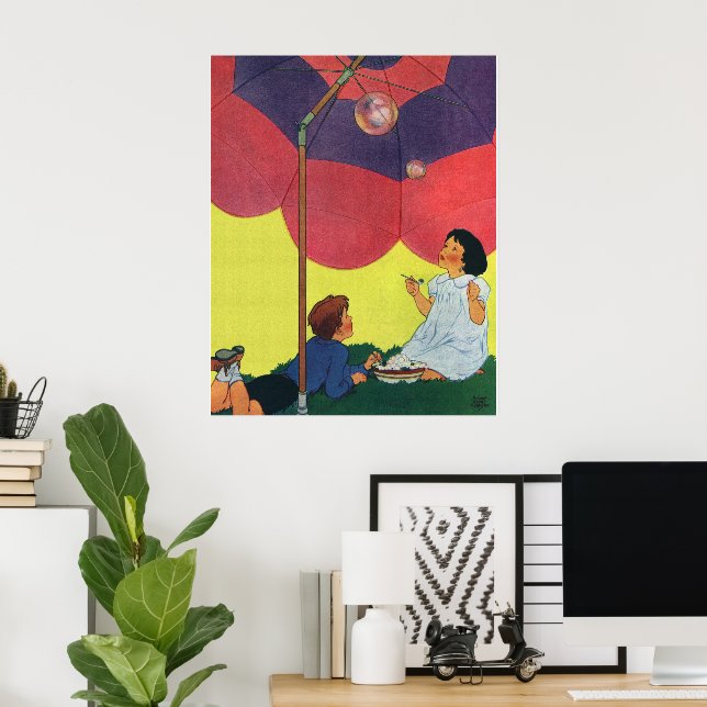 Vintage Children Blowing Bubbles Under an Umbrella Poster (Home Office)