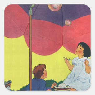 Vintage Children Blowing Bubbles Under an Umbrella Square Sticker