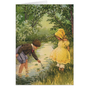 Vintage Children, Boy and Girl Playing by Creek
