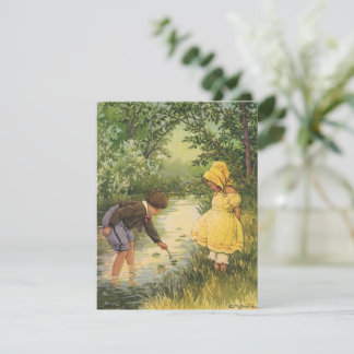 Vintage Children, Boy and Girl Playing by Creek