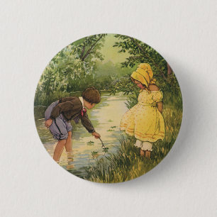 Vintage Children, Boy and Girl Playing by Creek 6 Cm Round Badge