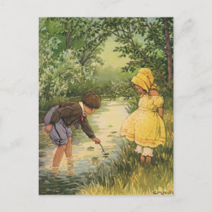 Vintage Children, Boy and Girl Playing by Creek Postcard