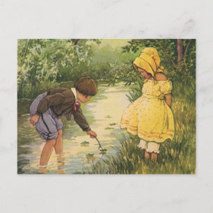 Vintage Children, Boy and Girl Playing by Creek Postcard
