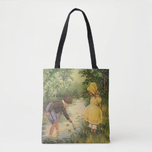 Vintage Children, Boy and Girl Playing by Creek Tote Bag
