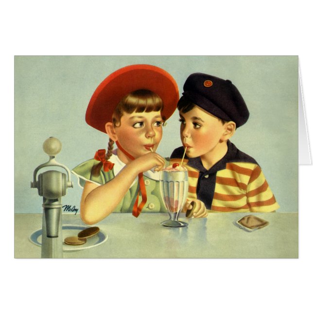 Vintage Children, Boy and Girl Sharing a Shake (Front Horizontal)