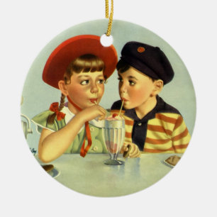 Vintage Children, Boy and Girl Sharing a Shake Ceramic Tree Decoration