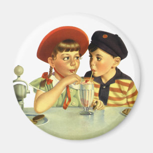 Vintage Children, Boy and Girl Sharing a Shake Magnet